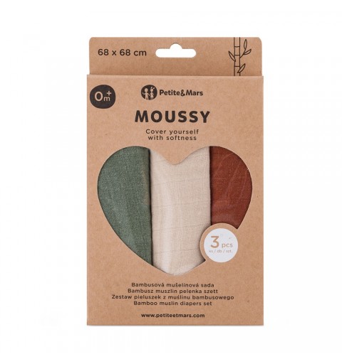 Petite&Mars Moussy - 3 pieluchy bambusowe 68x68 | Earth Tones